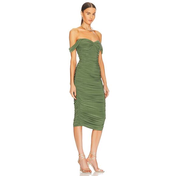 Norma Kamali Walter Midi Dress Green XL NWT Off Shoulder Ruched Elegant - Picture 9 of 9